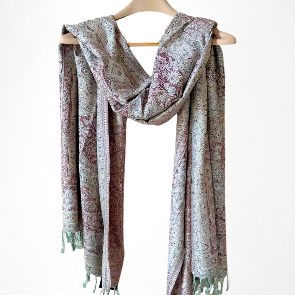 Sage Green and Maroon Rhinestoned Pashmina Scarf Shawl Wrap